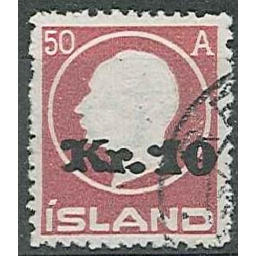 421 - Iceland; 1921-30 10k on 50a surcharge fine postally used, typical perfs., SG 148 cat.£425.