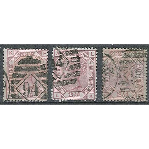 819 - UK; 1873-80 wmk. Small Anchor 2½d plates 1, 2, and 3 in sound used condition, some perf. faults. SG ... 