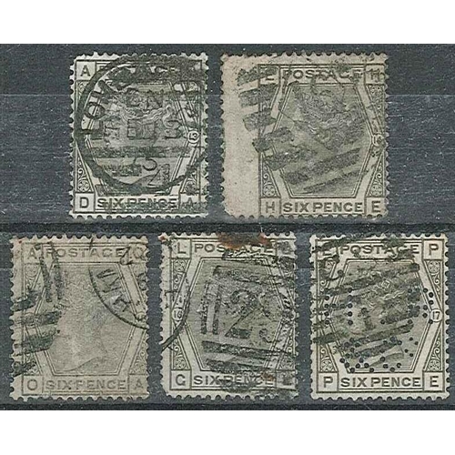 823 - UK; 1873-80 wmk. Orb 6d grey plates 13, 14, 15, 16, and 17, all used with faults, SG 147 cat.£540.