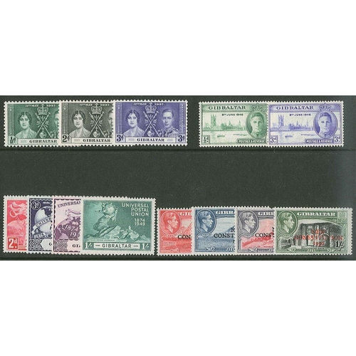 368 - Gibraltar; 1937 Coronation set m.m., 1946 Victory set u.m., 1949 UPU set u.m., and 1950 Constitution... 