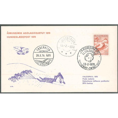 387 - Greenland; 1970 commem card by dog sledge from Rodebay to Jakobshavn, then by air to Copenhagen.