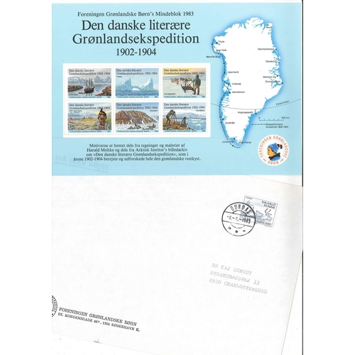 392 - Greenland; 1983 two different sheets of labels commemorating the Danish Literary Greenland Expeditio... 