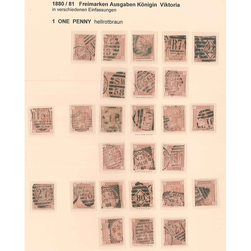 323 - UK; 1880-81 1d Venetian Red - 126 used examples arranged on pages by corner letters (upper-left corn... 