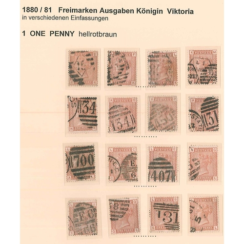 323 - UK; 1880-81 1d Venetian Red - 126 used examples arranged on pages by corner letters (upper-left corn... 