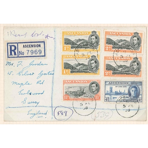 145 - Ascension; 1958 registered cover to England with five defins, and Victory 4d.