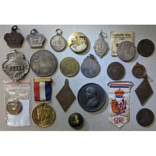 112 - Collectables; Medallions; small box with mixed items inc. UK 1902 official silver Coronation medalli... 