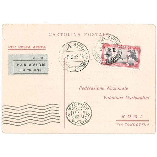 250 - Italy; 1932 postcard by airmail within Italy, franked by 1932 Garibaldi air express 2L25 + 1L.