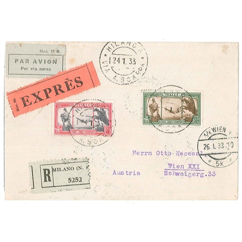 251 - Italy; 1933 express registered cover to Vienna franked by 1932 Garibaldi air express 2l25 +1l and 4l... 