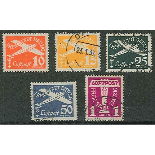 254 - Danzig; 1935 Air set - the 10pf m.m., others f.u. (perfs at foot of 1g partly trimmed). SG 233-237 c... 