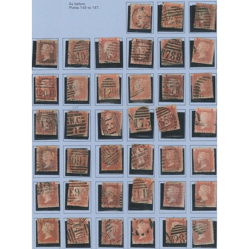 366 - UK; 1864-79 Penny Red Plates collection of 150 different (missing 77, 223) used on pages, mainly sou... 