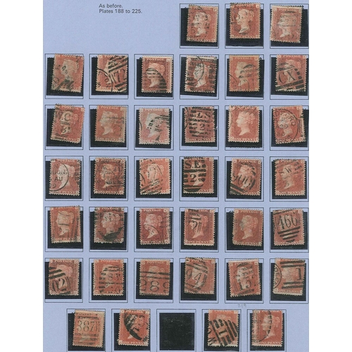 366 - UK; 1864-79 Penny Red Plates collection of 150 different (missing 77, 223) used on pages, mainly sou... 