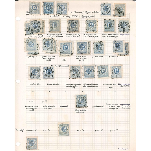 334 - Sweden; 1858 to approx. 1920s used range on pages apparently collected for shades or postmarks. Incl... 