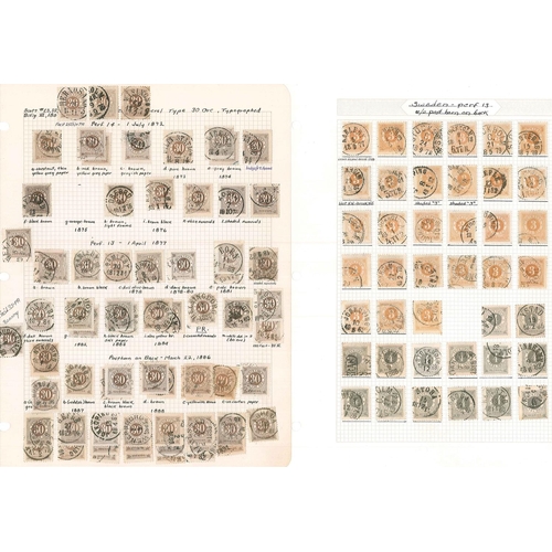 334 - Sweden; 1858 to approx. 1920s used range on pages apparently collected for shades or postmarks. Incl... 