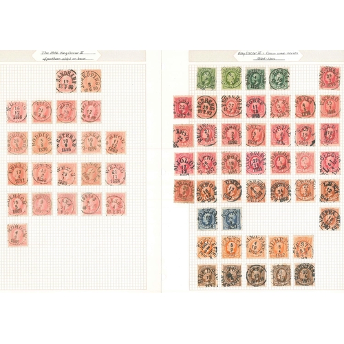 334 - Sweden; 1858 to approx. 1920s used range on pages apparently collected for shades or postmarks. Incl... 