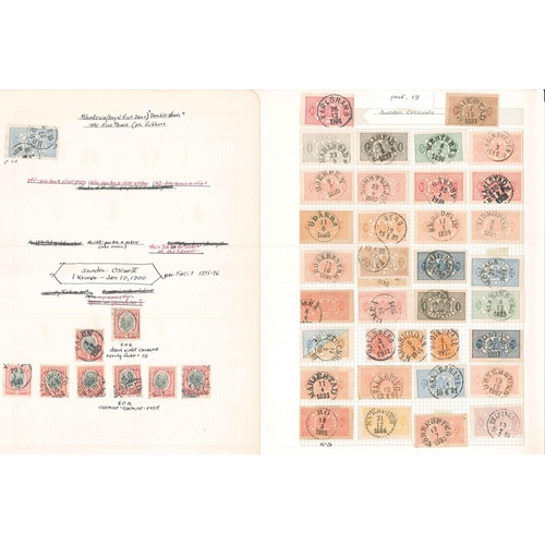 334 - Sweden; 1858 to approx. 1920s used range on pages apparently collected for shades or postmarks. Incl... 