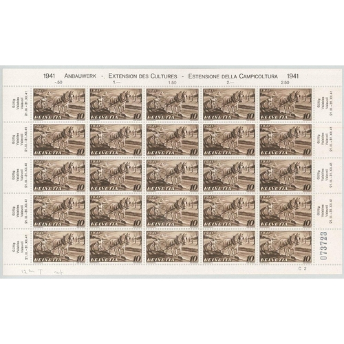 346 - Switzerland; 1941 Agricultural Development 10c complete u.m. sheet of 25, the 12th stamp with the “l... 