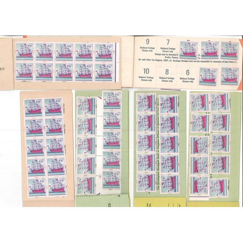 409 - UK; Cinderellas; 205 of the National Savings 10p (sailing ship) stamps, stuck into savings books/pag... 