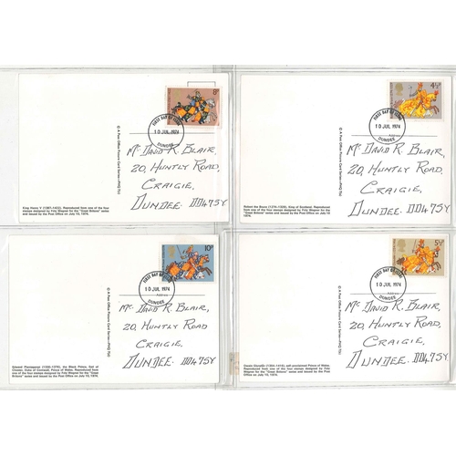 1664 - UK; PHQ Cards; 1974 Medieval Warriors set (4) used with Dundee FDI cancels, handwrittn addresses. Ca... 