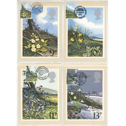 1669 - UK; PHQs; 1979 Flowers set (4) used, stamps on fronts, with four different first day handstamps, una... 