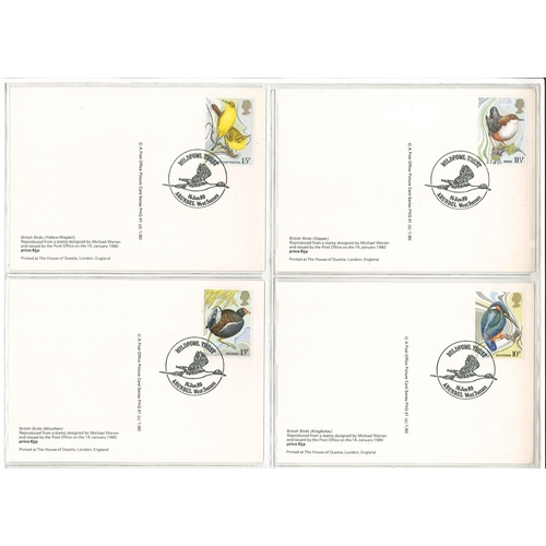 1671 - UK; PHQs; 1980 Birds set (4) used, each with stamp on back cancelled by Wildfowl Trust, Arundel, spe... 