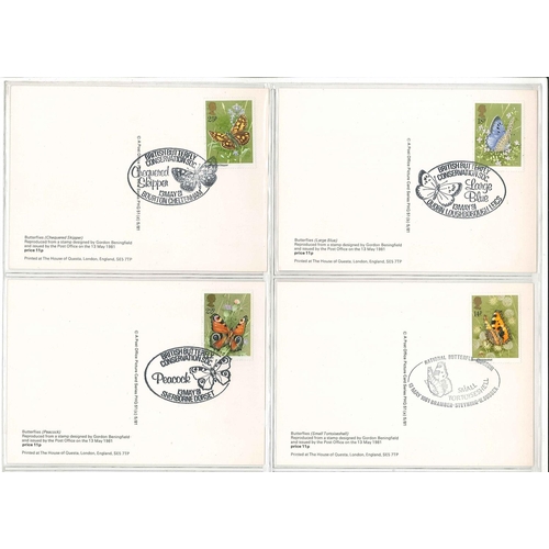 1672 - UK; PHQs; 1981 Butterflies set (4) used, each with stamp on back cancelled by Chequered Skipper, Bou... 