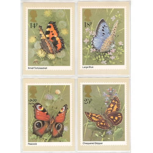 1672 - UK; PHQs; 1981 Butterflies set (4) used, each with stamp on back cancelled by Chequered Skipper, Bou... 