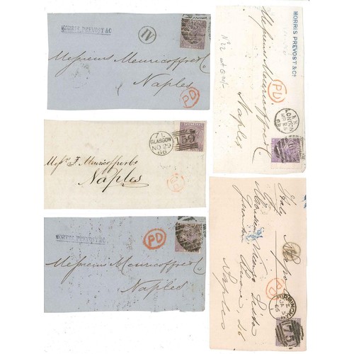 416 - U.K. Covers and Postal History; 1865-71 seln. of fronts (mixed postmarks) all addressed to Naples, I... 