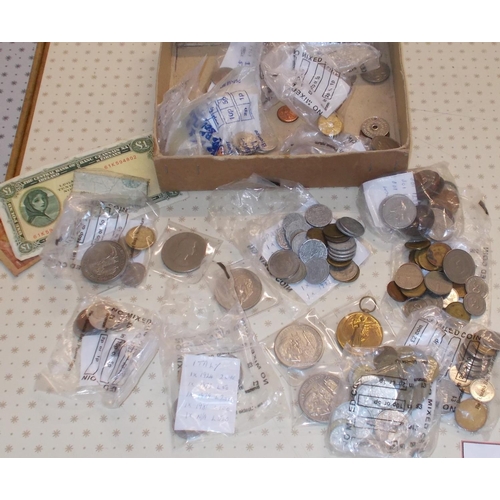 85 - Coins; small box of mixed coins, most of it apparently old holiday change, but inc. 3 x Guernsey 199... 