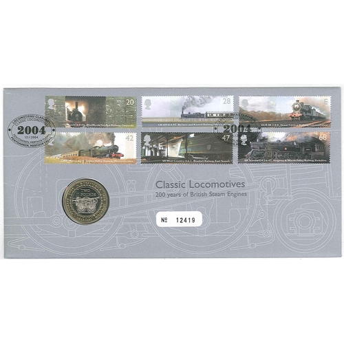 1512 - UK PNCs; 2004 Classic Locomotives set on cover with £2  Trevithick coin. RMC37 cat.£21.