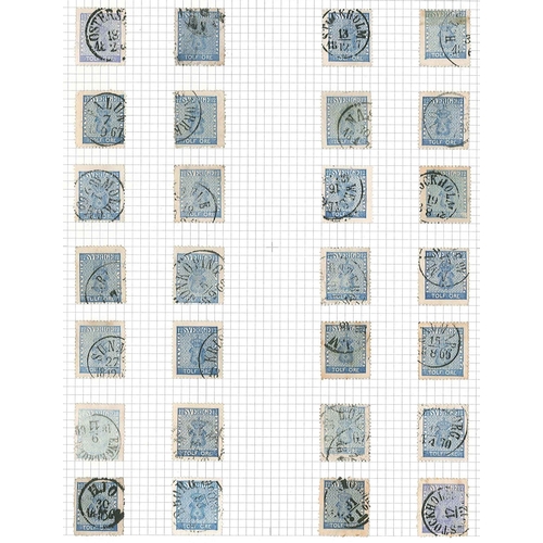 333 - Sweden; 1858-72 attractive duplicated used collection of this issue on eight pages, comprising 5ö (2... 