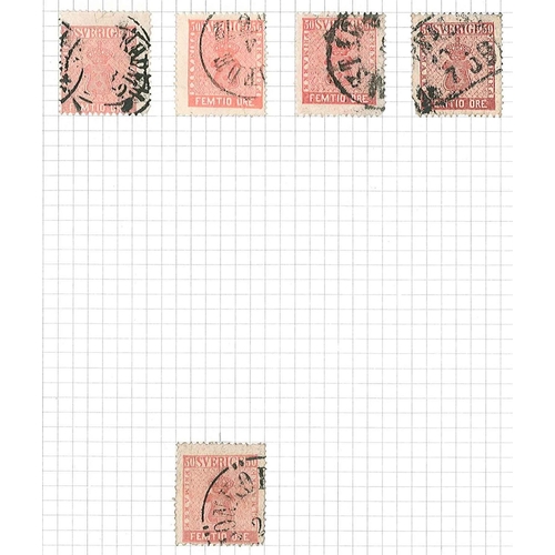 333 - Sweden; 1858-72 attractive duplicated used collection of this issue on eight pages, comprising 5ö (2... 