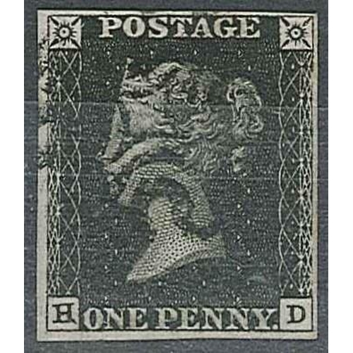 320 - UK; 1840 Penny Black HD (probably plate 6) fine used with four margins (decent left and foot, narrow... 