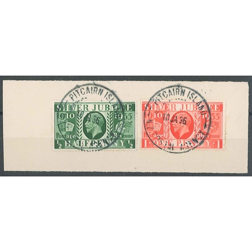 288 - Pitcairn Island; 1936 piece with UK 1935 Silver Jubilee ½d and 1d each cancelled by complete ... 