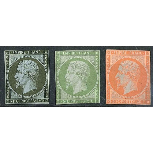 216 - France; 1853-61 1c, 5c, and 40c unused without gum, and cut close. (Would be cat.£4,300+ with ... 