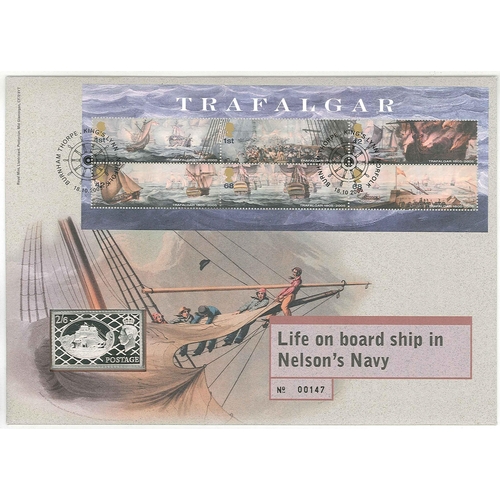 493 - UK PNCs; 2003 Coronation Anniv., and 2005 Trafalgar, Royal Mail covers each with encapsulated silver... 