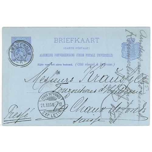 1638 - Netherlands; 1895 5c postal stationery card to Switzerland.