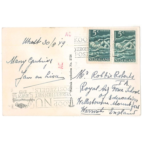 1650 - Netherlands; 1949 postcard to England (picture damaged) with two 