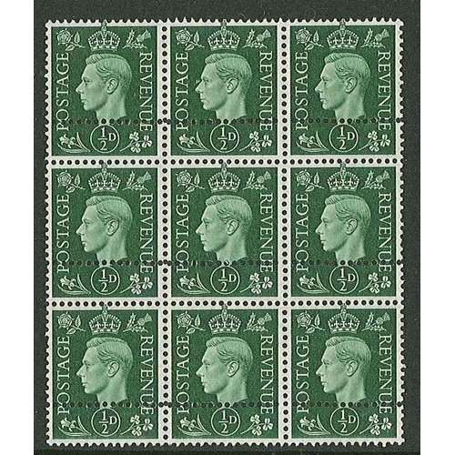 368 - UK; 1937-47 ½d mint block of nine, each row with extra horizontal perforations above value tablet. C... 