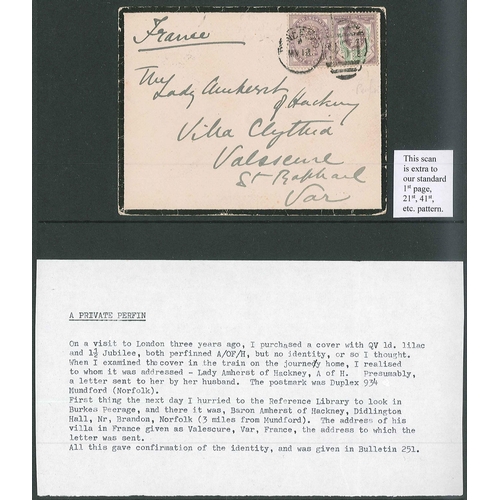 98 - Perfins; Covers; folder of perfins on cover, mainly UK QV to QE, but with some foreign also (c.98). ... 