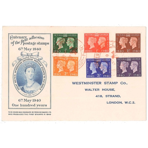 422 - UK First Day Covers; 1940 Centenary set on Perkins Bacon illus. cover with printed address, London R... 