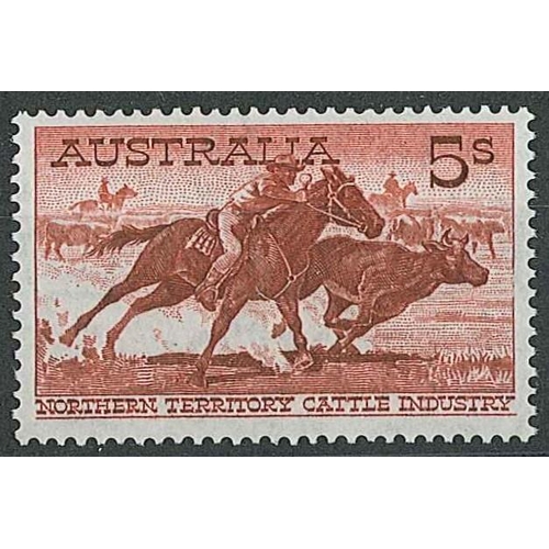 1127 - Australia; 1959-64 5/- Stockman brown-red on white paper u.m. (tiny inclusion in gum). SG 327a cat.&... 