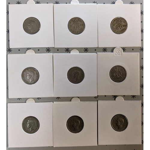 112 - Coins; UK; 1952 sixpence - nine examples generally around F+ to VF.