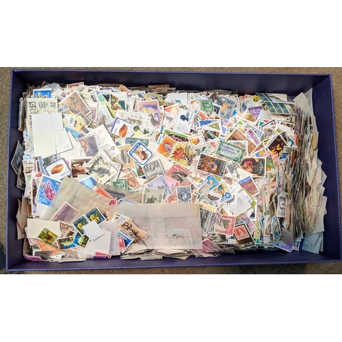 47 - Mixed Lots; flat box well-filled with off-paper all-world stamps (few UK). (1,000s)