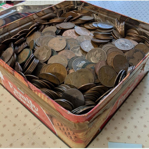 114 - Coins; UK; tin with c.16kg net weight of average circulated pre-decimal pennies.