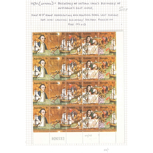 1130 - Australia; 1970 Capt. Cook - 4 sets in u.m. blocks, plus a FDC. Cat.£11.75.