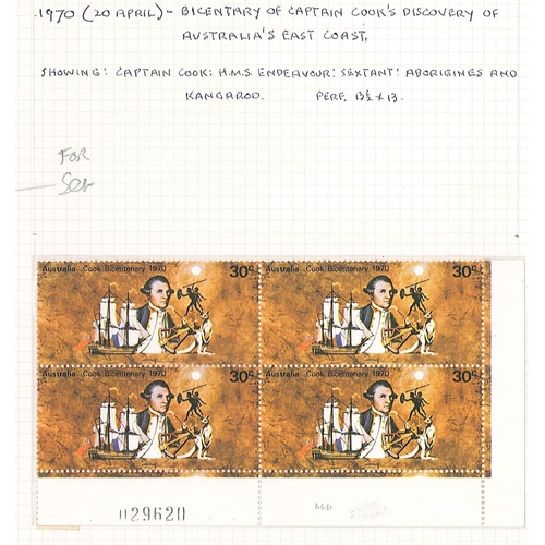 1130 - Australia; 1970 Capt. Cook - 4 sets in u.m. blocks, plus a FDC. Cat.£11.75.