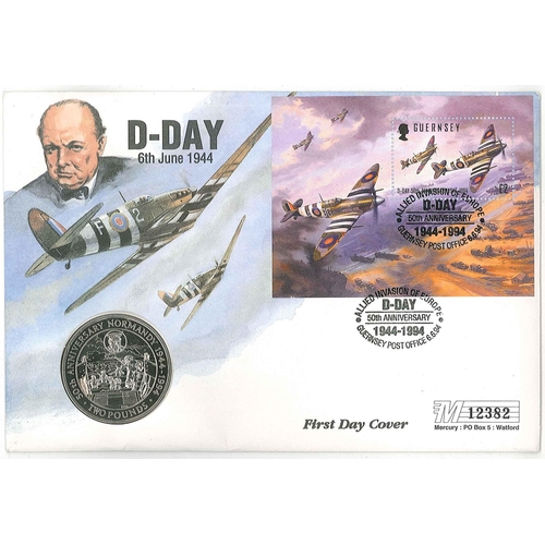 2303 - Guernsey PNCs; 1994 D-Day m.s. FDC with 1994 Normandy Landings £2 coin.