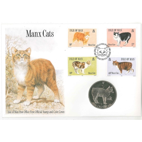 2309 - Isle of Man PNCs; 1989 Cats FDC with 1988 Cat crown coin.