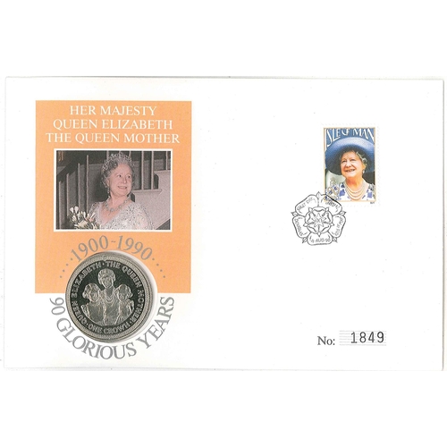 2311 - Isle of Man PNCs; 1990 Queen Mother FDC with matching crown coin.