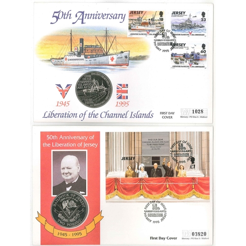 2317 - Jersey PNCs; 1995 Liberation FDC (3 stamps) with Alderney £2 coin, and FDC of miniature sheet with J... 